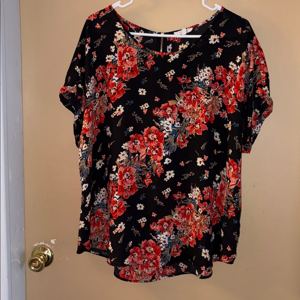 Maurices Black Blouse with Red and White Floral Design